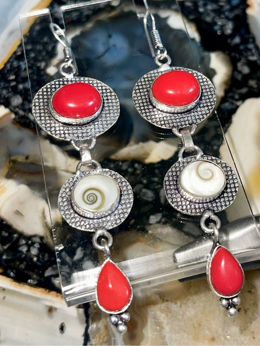 Jumbo Red Onyx & Shiva Eye Shell Earrings 3 1/4”